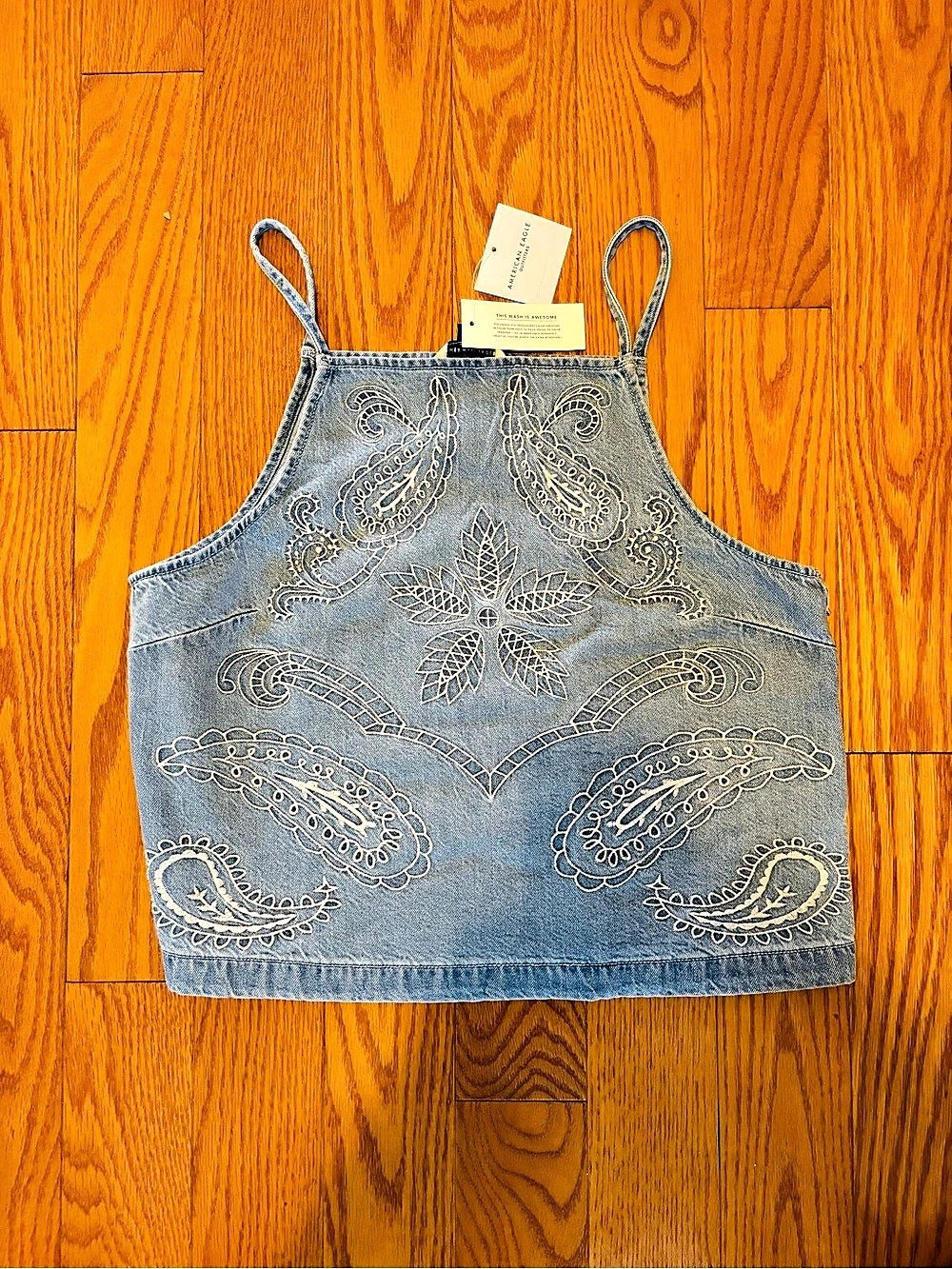 American Eagle AE Embroidered Denim Cami Crop Top Blue Small